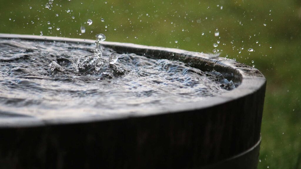 clean water wooden hot tub in forest.