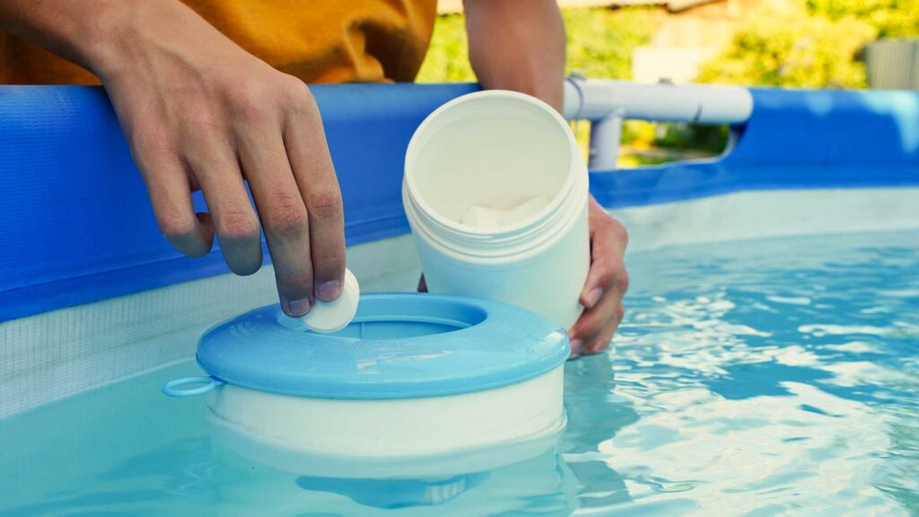 man white chlorine tablet add in water.