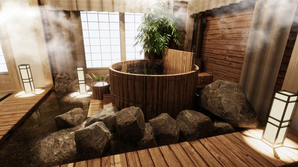 wooden tub in interior room.