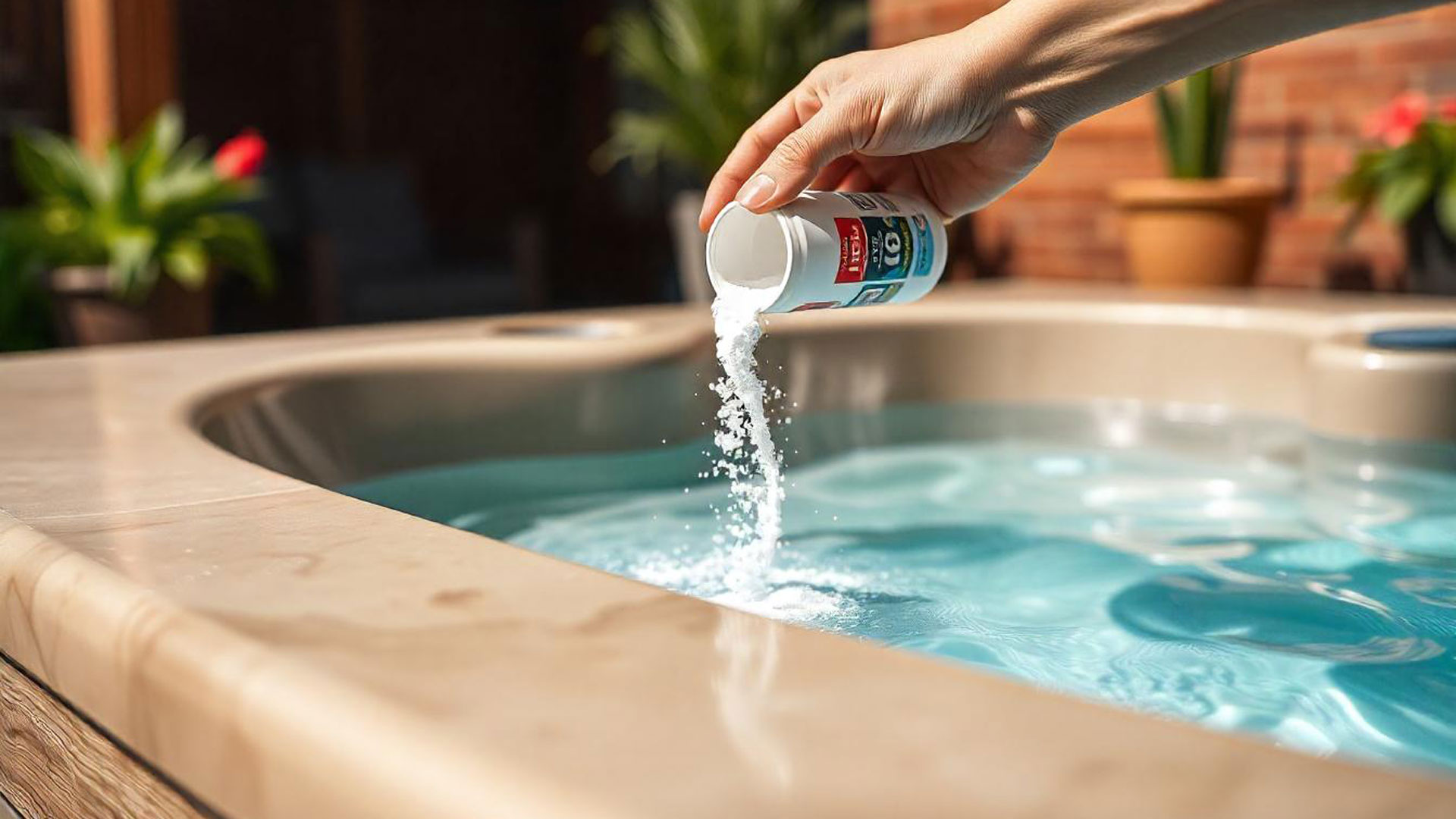 person adding calcium in hot tub
